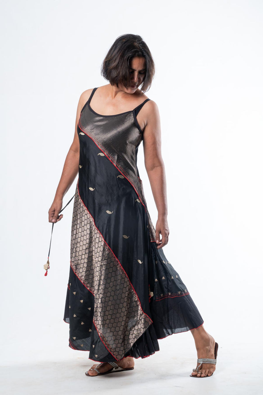 Black Silk Spaghetti Strap Panelled Dress
