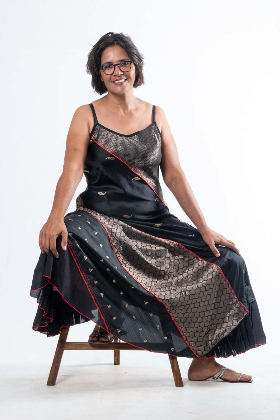 Black Silk Spaghetti Strap Panelled Dress