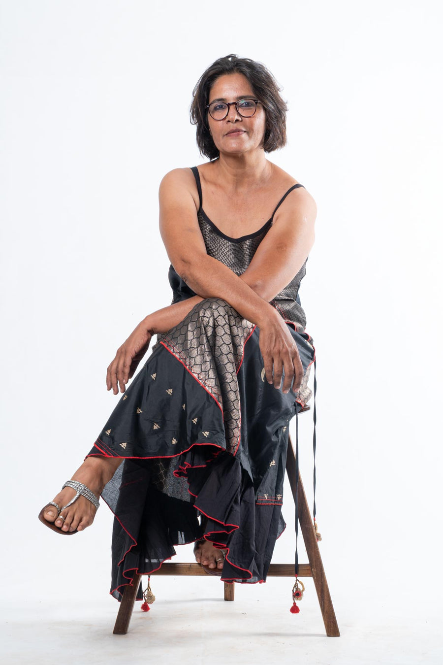 Black Silk Spaghetti Strap Panelled Dress