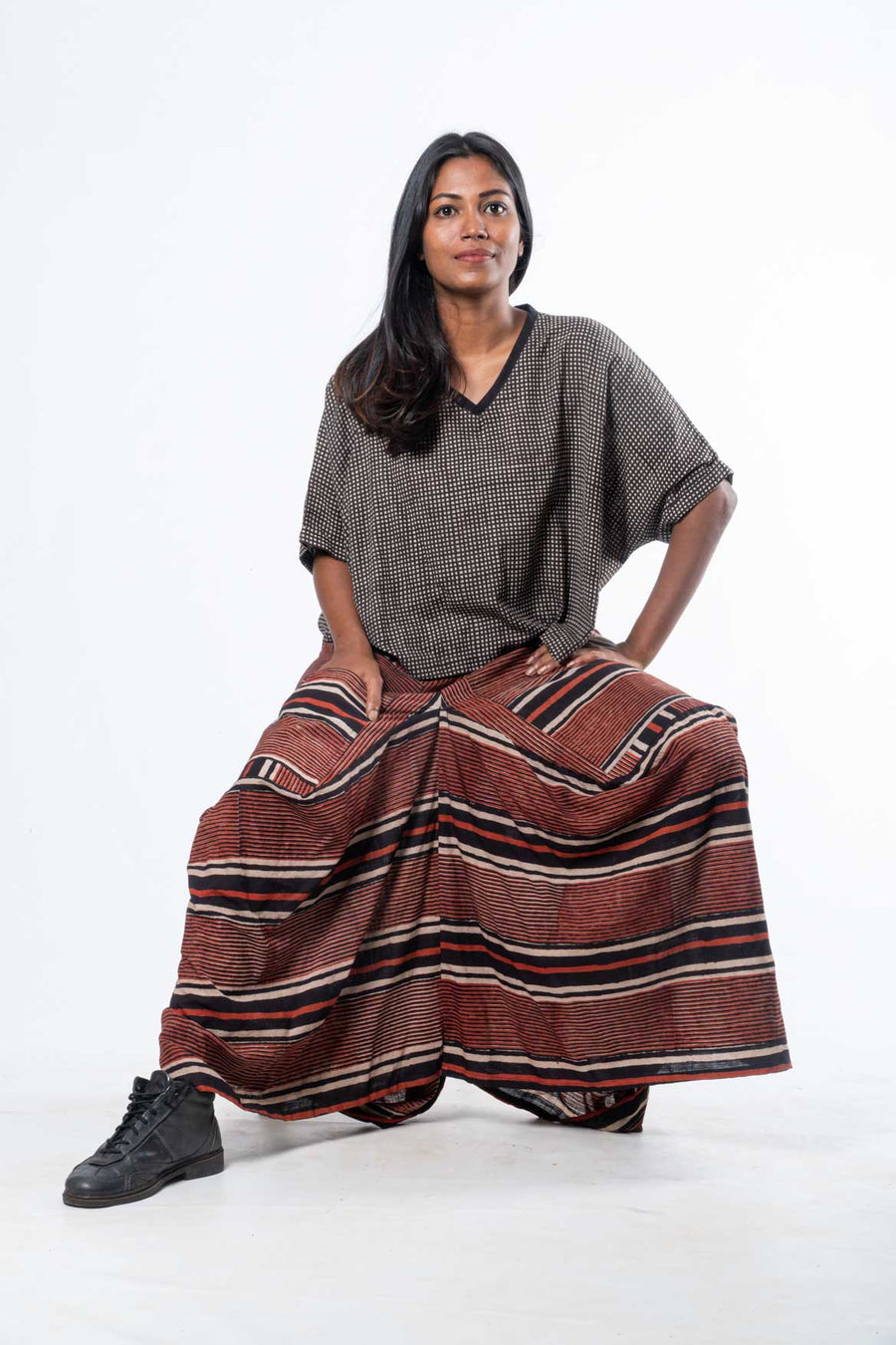 Terracotta Striped Cotton Draped Maxi Skirt with Pockets