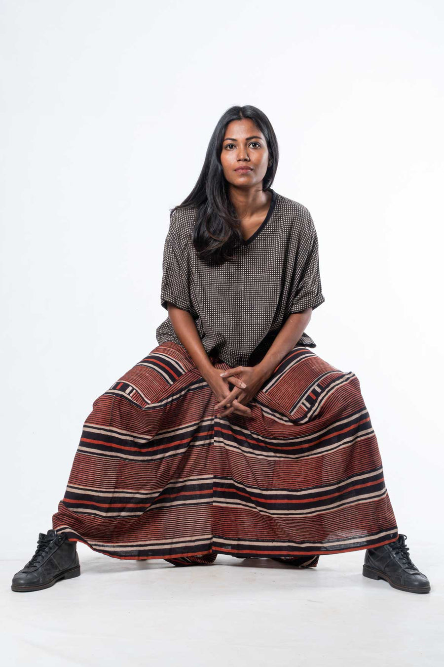 Terracotta Striped Cotton Draped Maxi Skirt with Pockets