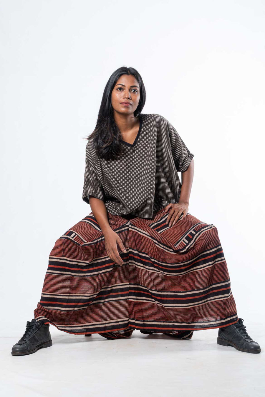 Terracotta Striped Cotton Draped Maxi Skirt with Pockets