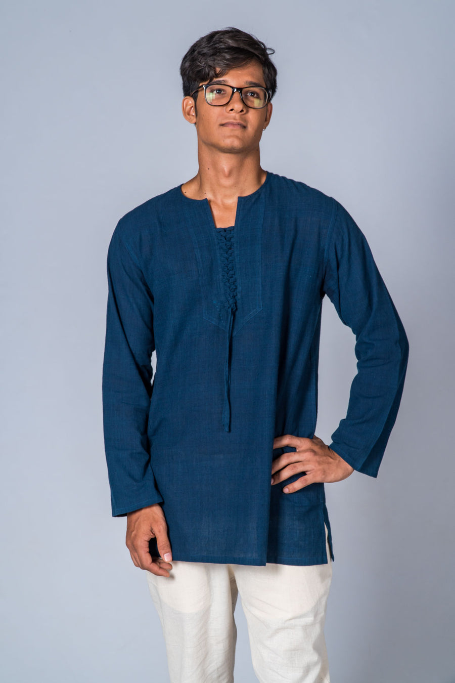 Natural Indigo Handwoven Kurta with Pockets - HEM - Upasana Design Studio