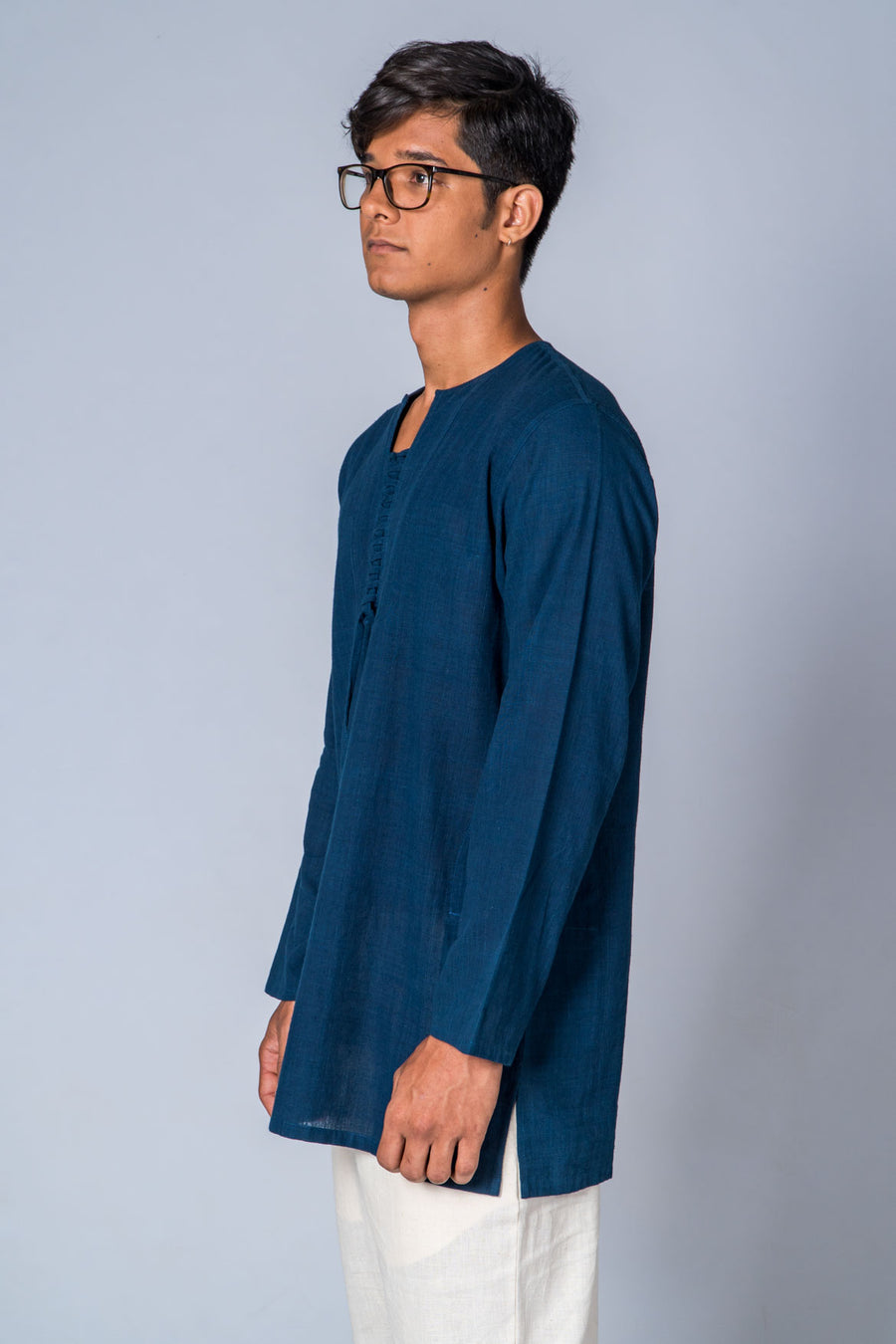 Natural Indigo Handwoven Kurta with Pockets - HEM - Upasana Design Studio