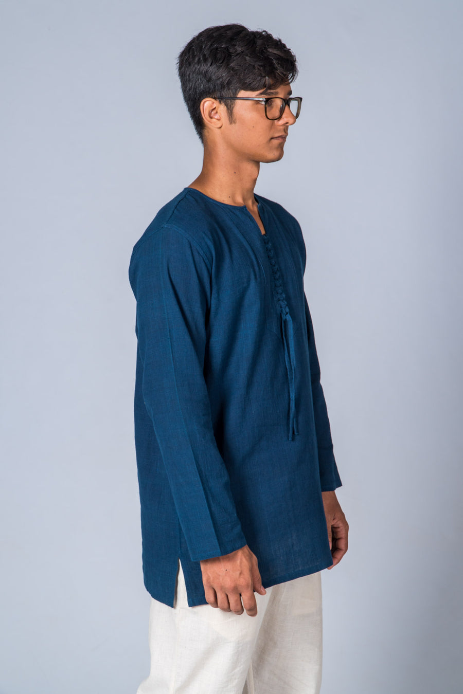 Natural Indigo Handwoven Kurta with Pockets - HEM - Upasana Design Studio