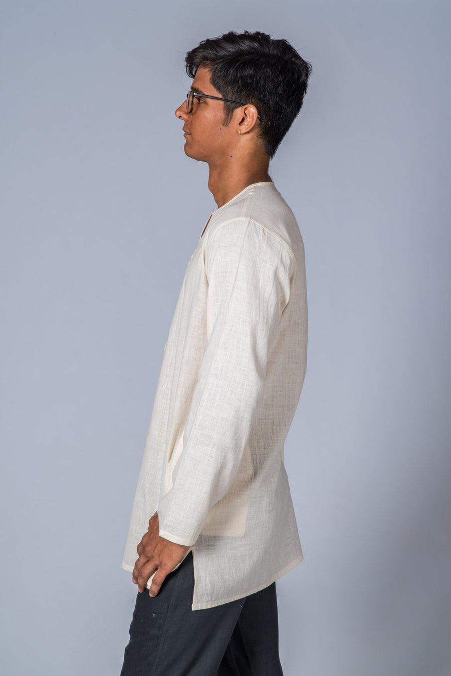 Off-White Handwoven Kurta with Pockets - HEM - Upasana Design Studio