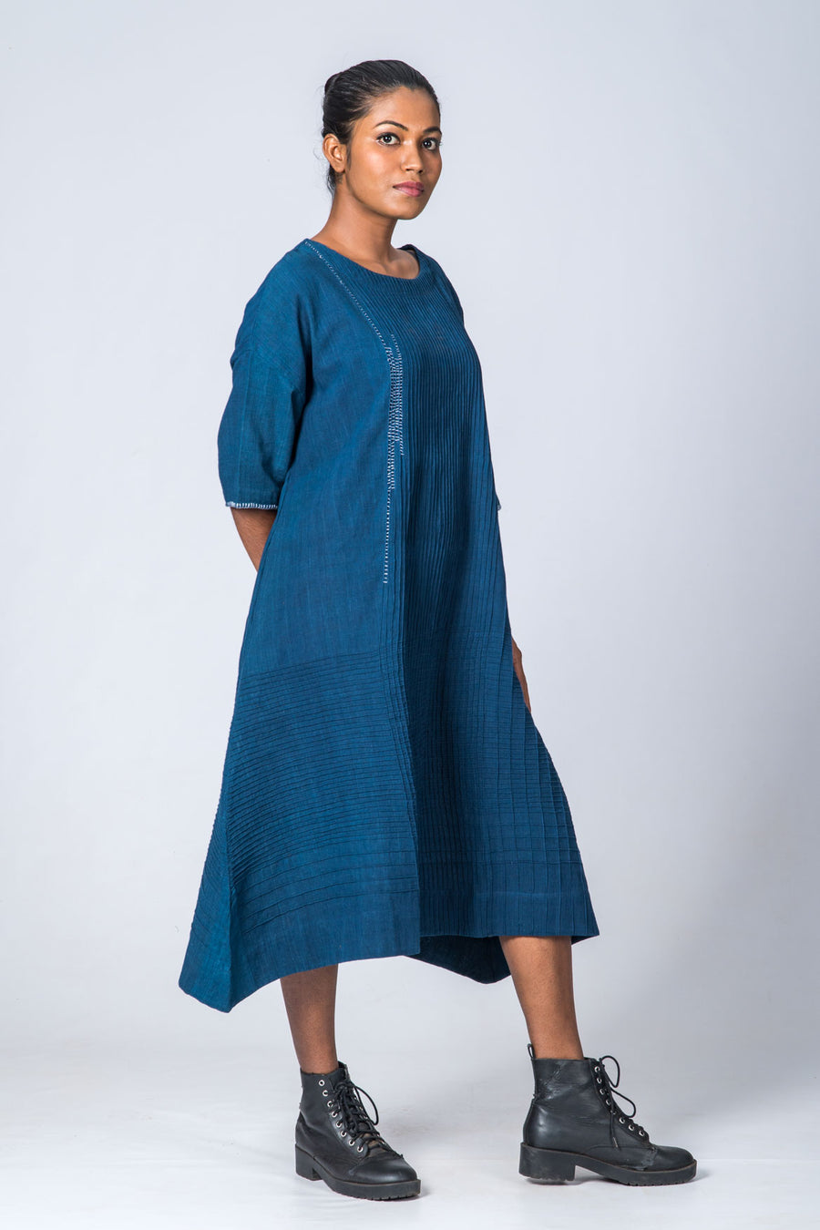 Natural Indigo Cotton Pintuck dress - KARL - Upasana Design Studio