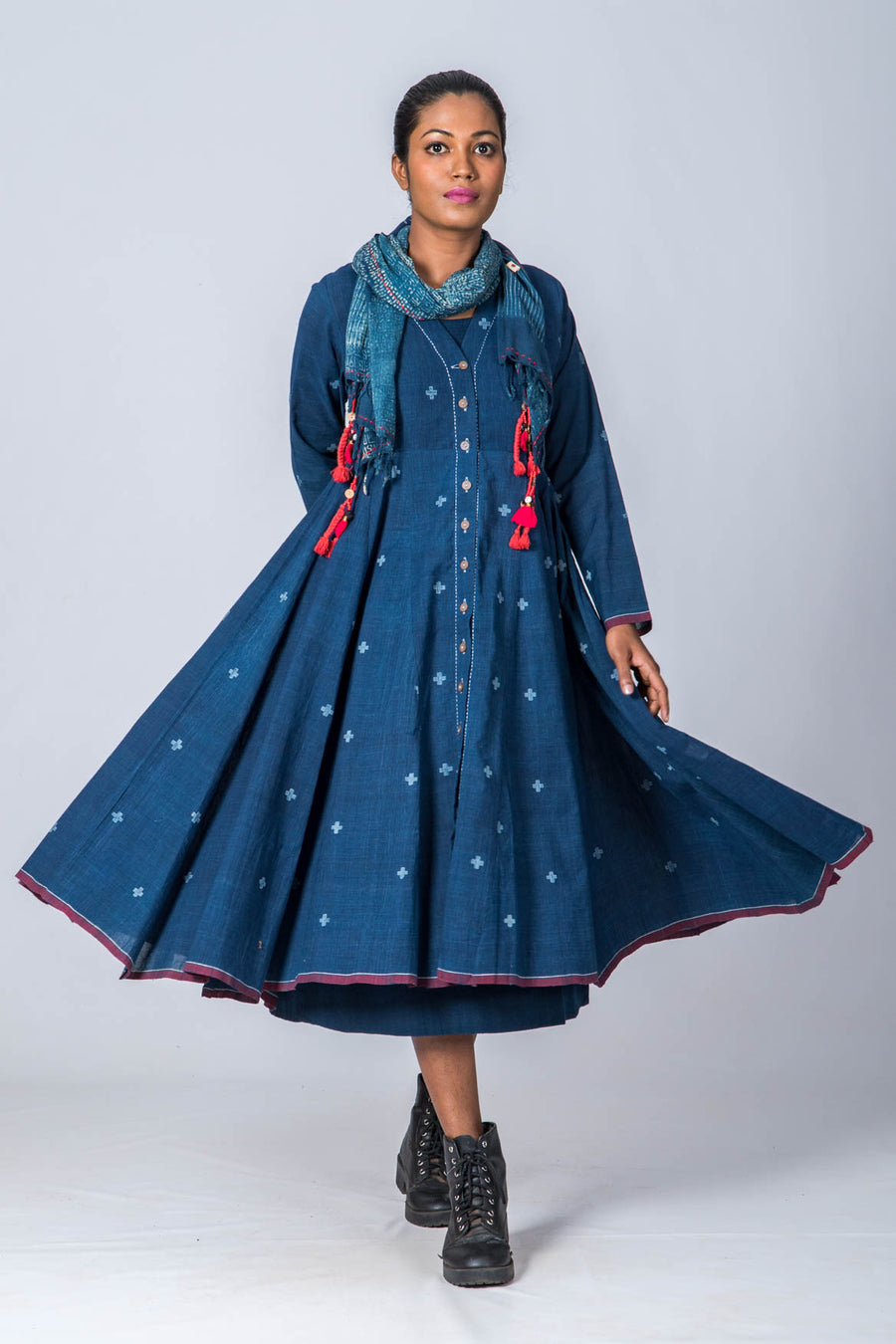 Natural Indigo Khadi and Khadi Jamdani Women Look Set - INIYA Upasana Design Studio Natural Indigo Khadi and Khadi Jamdani Women Look Set - INIYA Upasana Design Studio