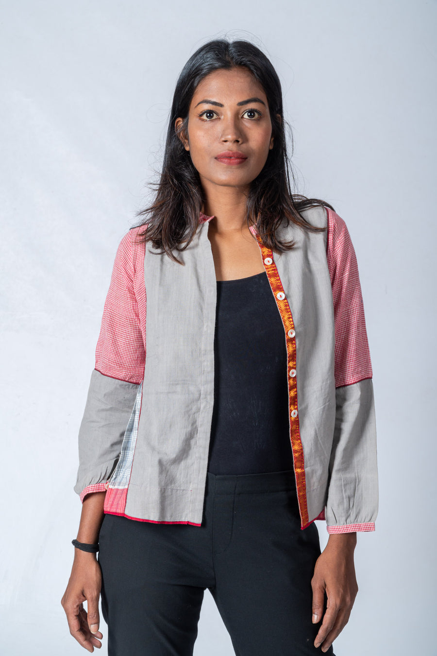 Grey and Pink Composed Organic cotton Jacket Top - KEDIYA - Upasana Auroville