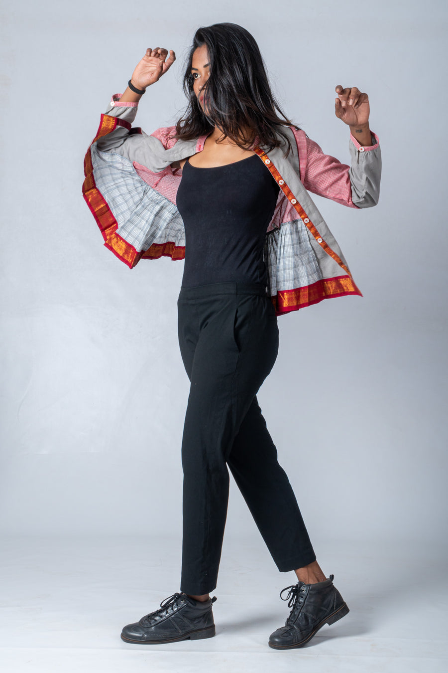 Grey and Pink Composed Organic cotton Jacket Top - KEDIYA - Upasana Auroville