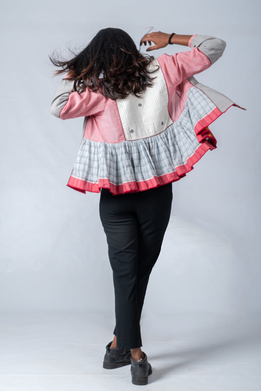 Grey and Pink Composed Organic cotton Jacket Top - KEDIYA - Upasana Auroville