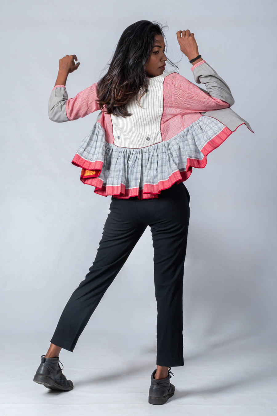 Grey and Pink Composed Organic cotton Jacket Top - KEDIYA - Upasana Auroville