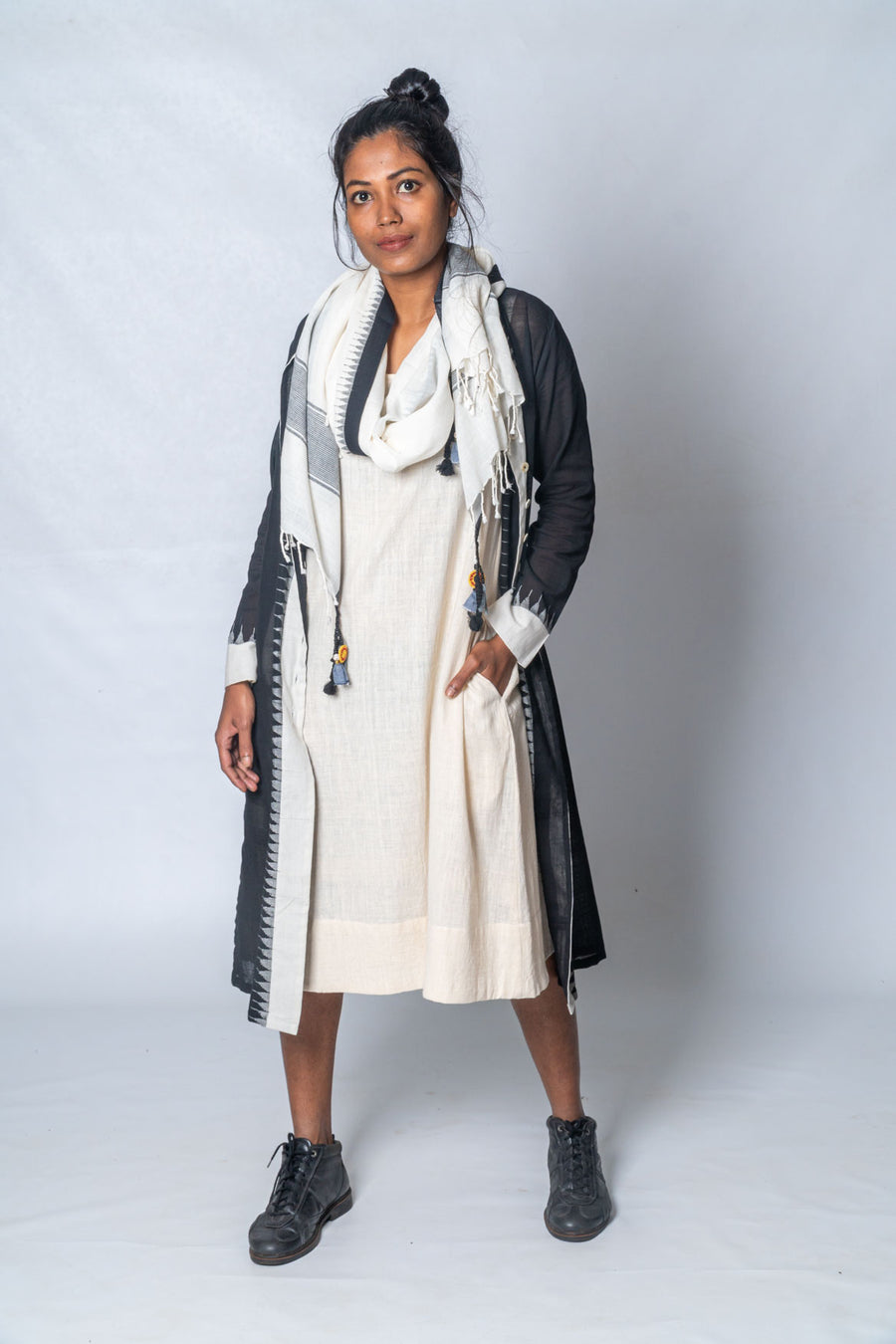 Set of 3- Hamsini Khadi Dress, Jamdani Jacket & Scarf