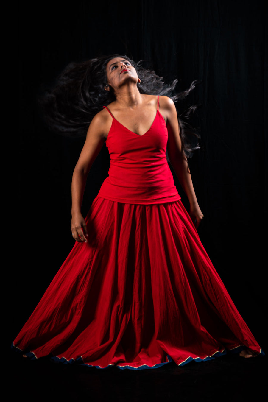 Red Handloom Cotton Long Skirt- CRINKLE LONG