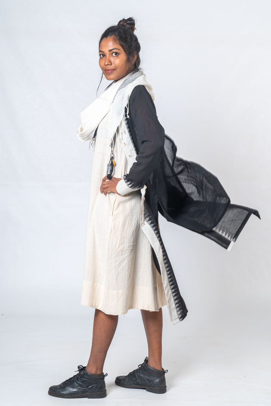Set of 3- Hamsini Khadi Dress, Jamdani Jacket & Scarf