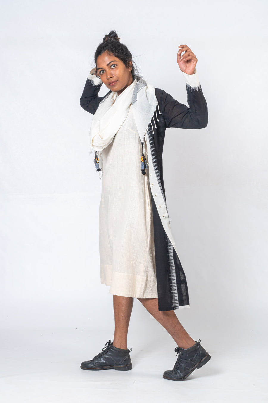 Set of 3- Hamsini Khadi Dress, Jamdani Jacket & Scarf