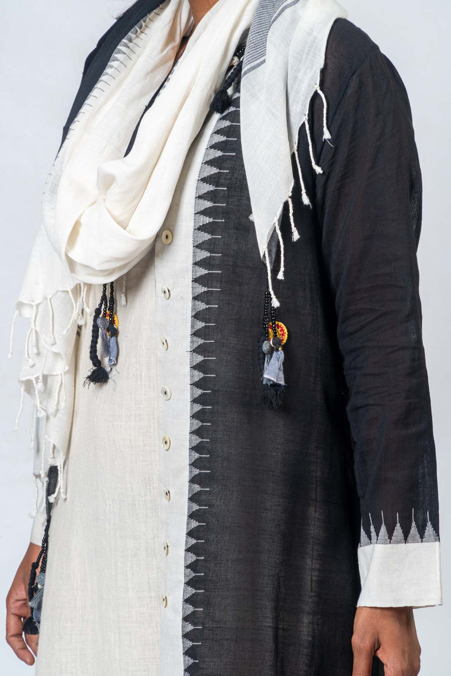 Set of 3- Hamsini Khadi Dress, Jamdani Jacket & Scarf