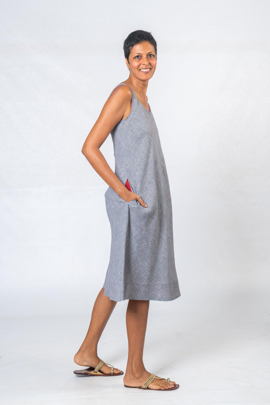 Checked Pattern Linen Dress- DHUP