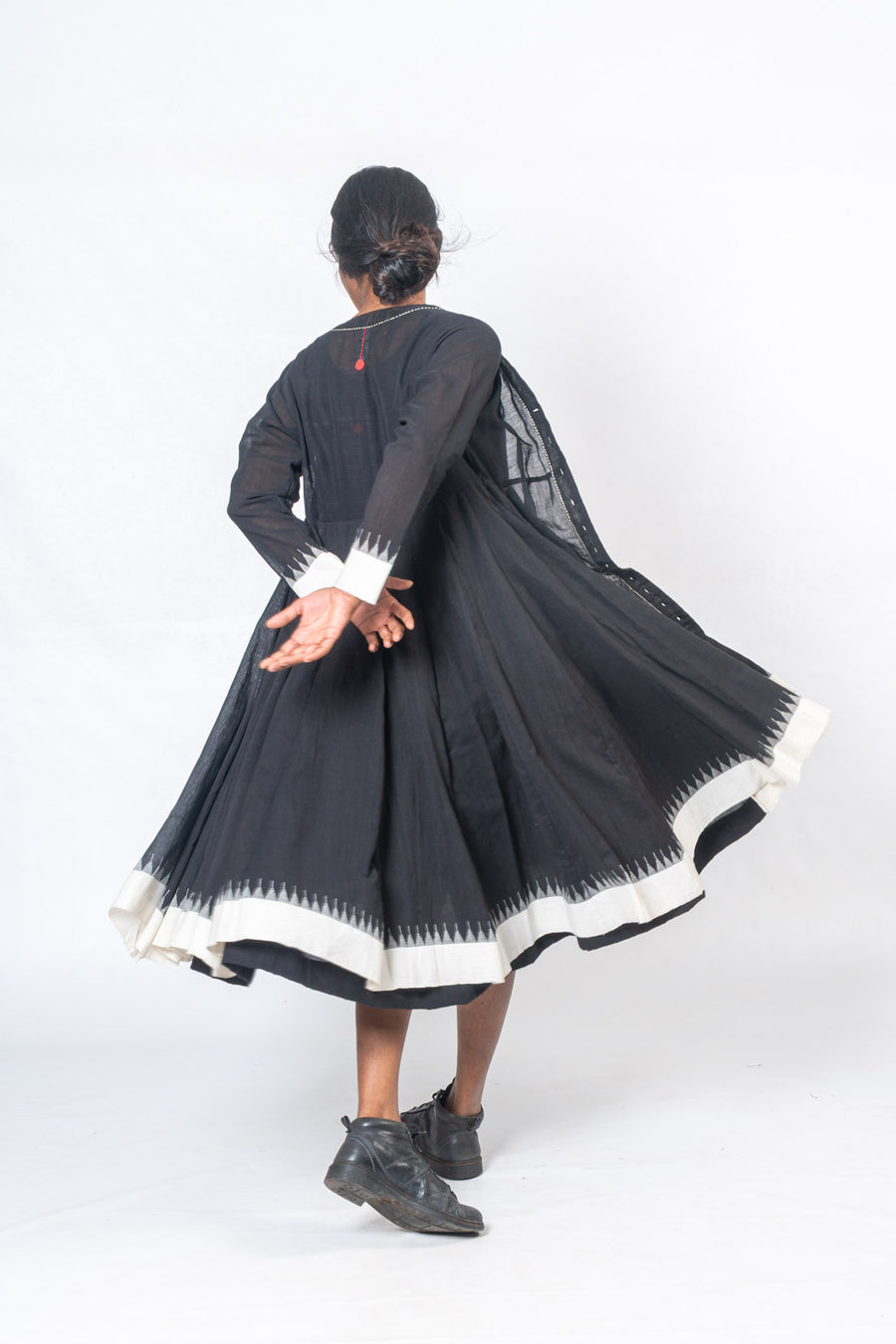 Set of 3- Black Hand Spun Khadi Dress, Jamdani Jacket & Scarf