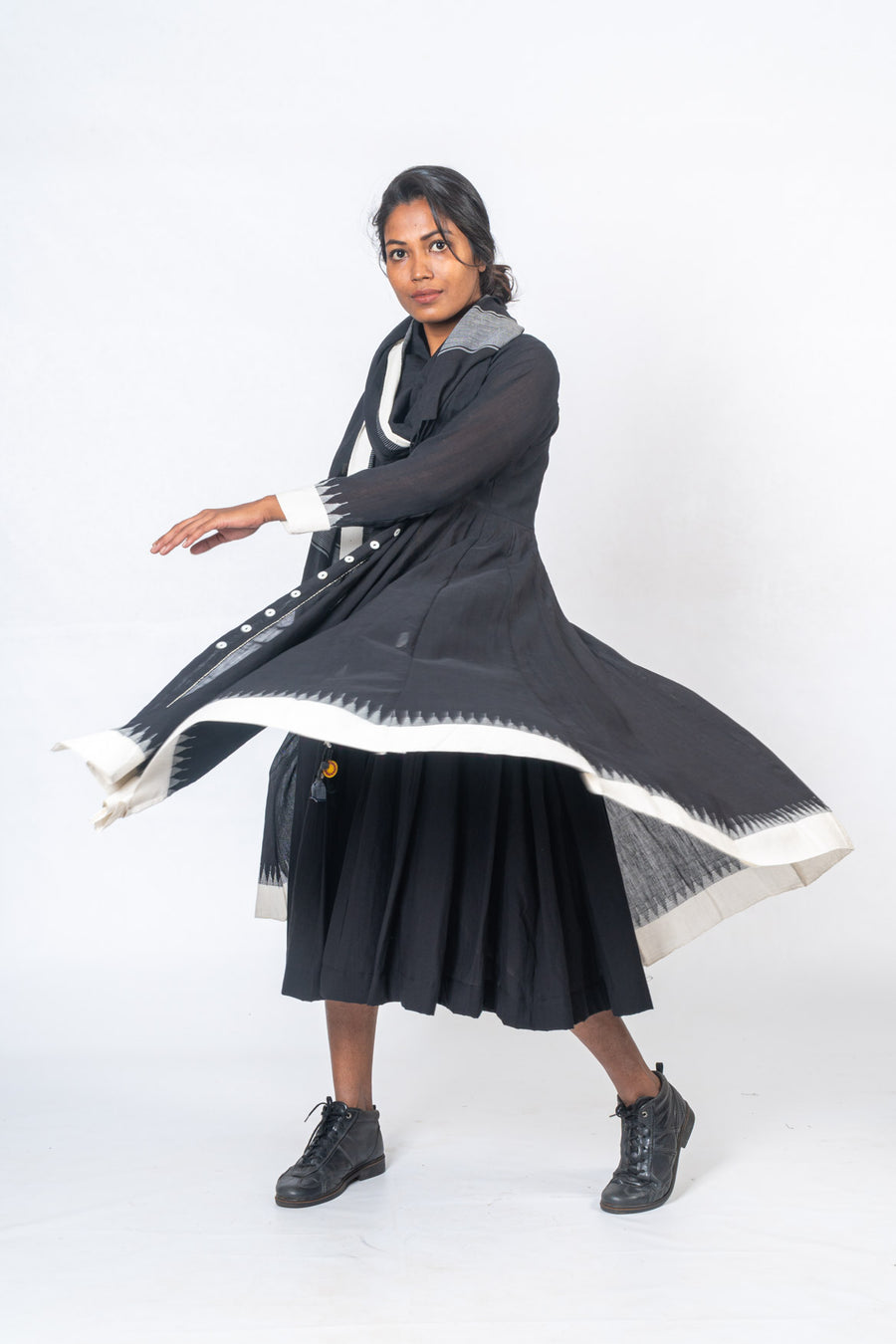Set of 3- Black Hand Spun Khadi Dress, Jamdani Jacket & Scarf