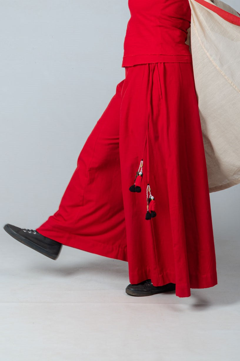 Red Handloom Cotton Pants- PALAZZO