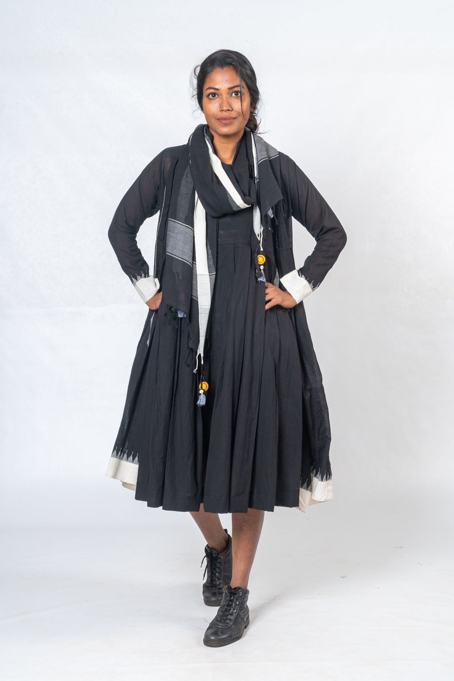 Set of 3- Black Hand Spun Khadi Dress, Jamdani Jacket & Scarf