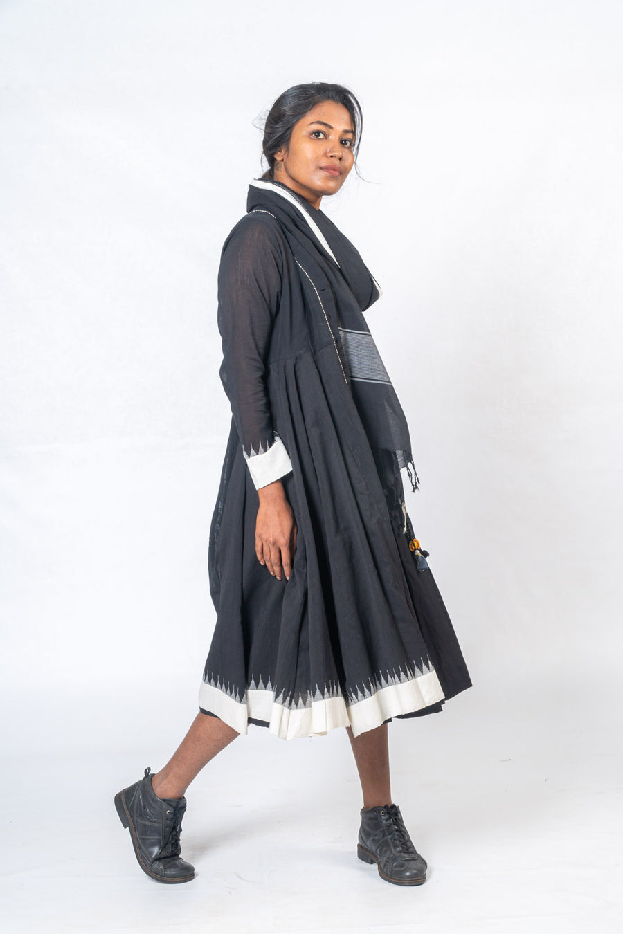 Set of 3- Black Hand Spun Khadi Dress, Jamdani Jacket & Scarf