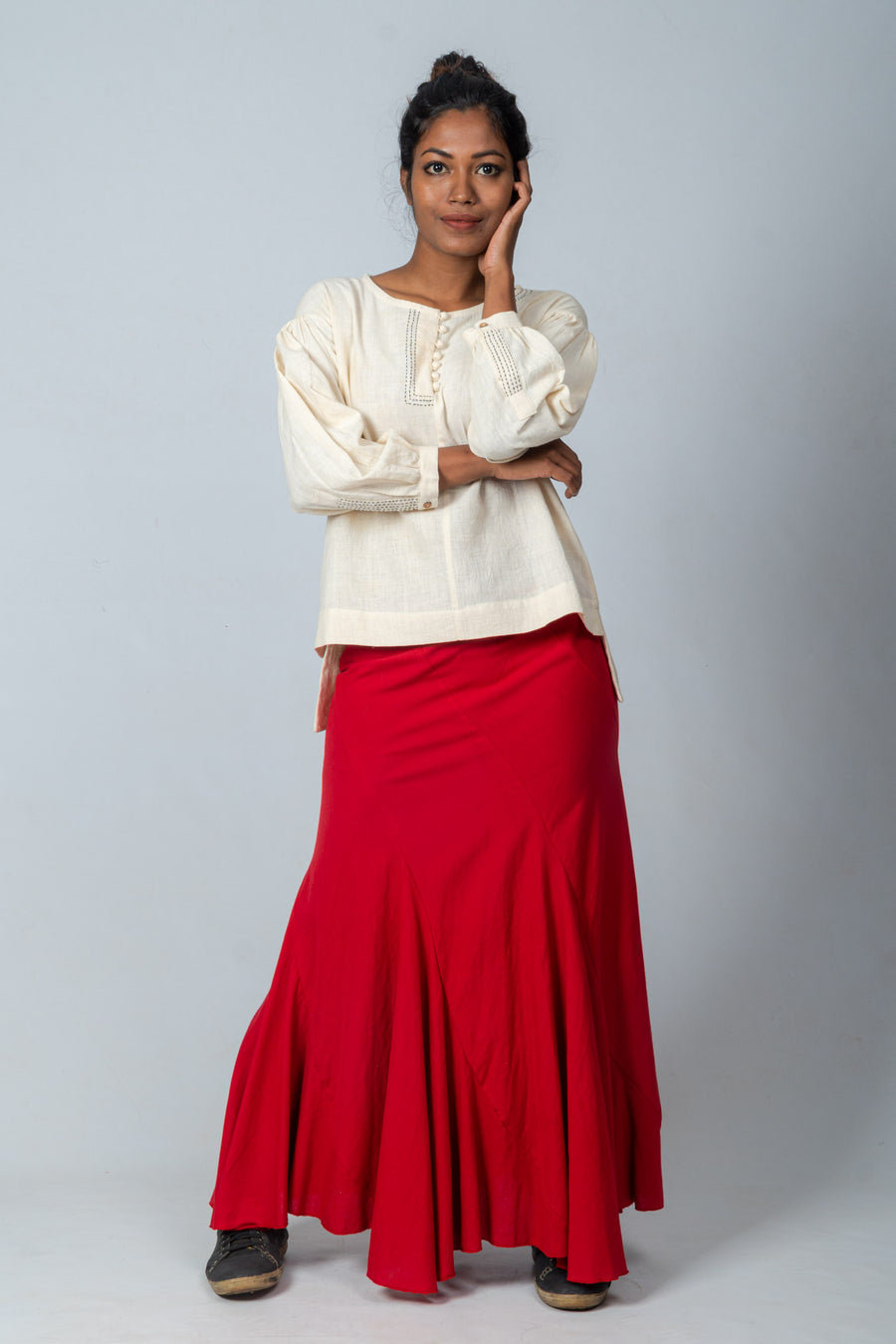 Off-White Organic Cotton Top with Red Kakoli Skirt- DHRUTI SET