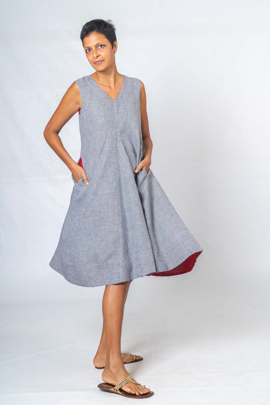Checked Pattern Linen Dress- NALINI