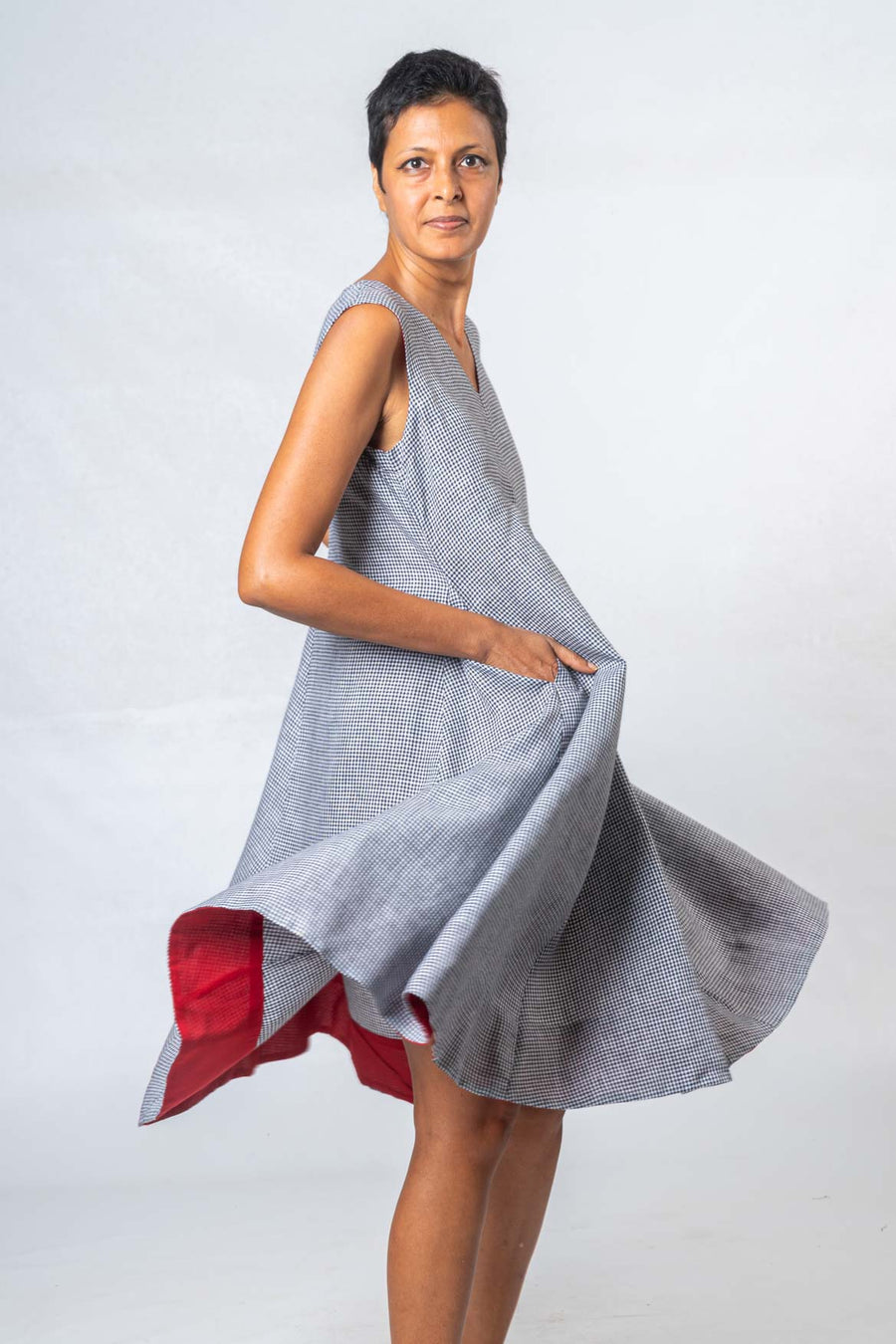 Checked Pattern Linen Dress- NALINI