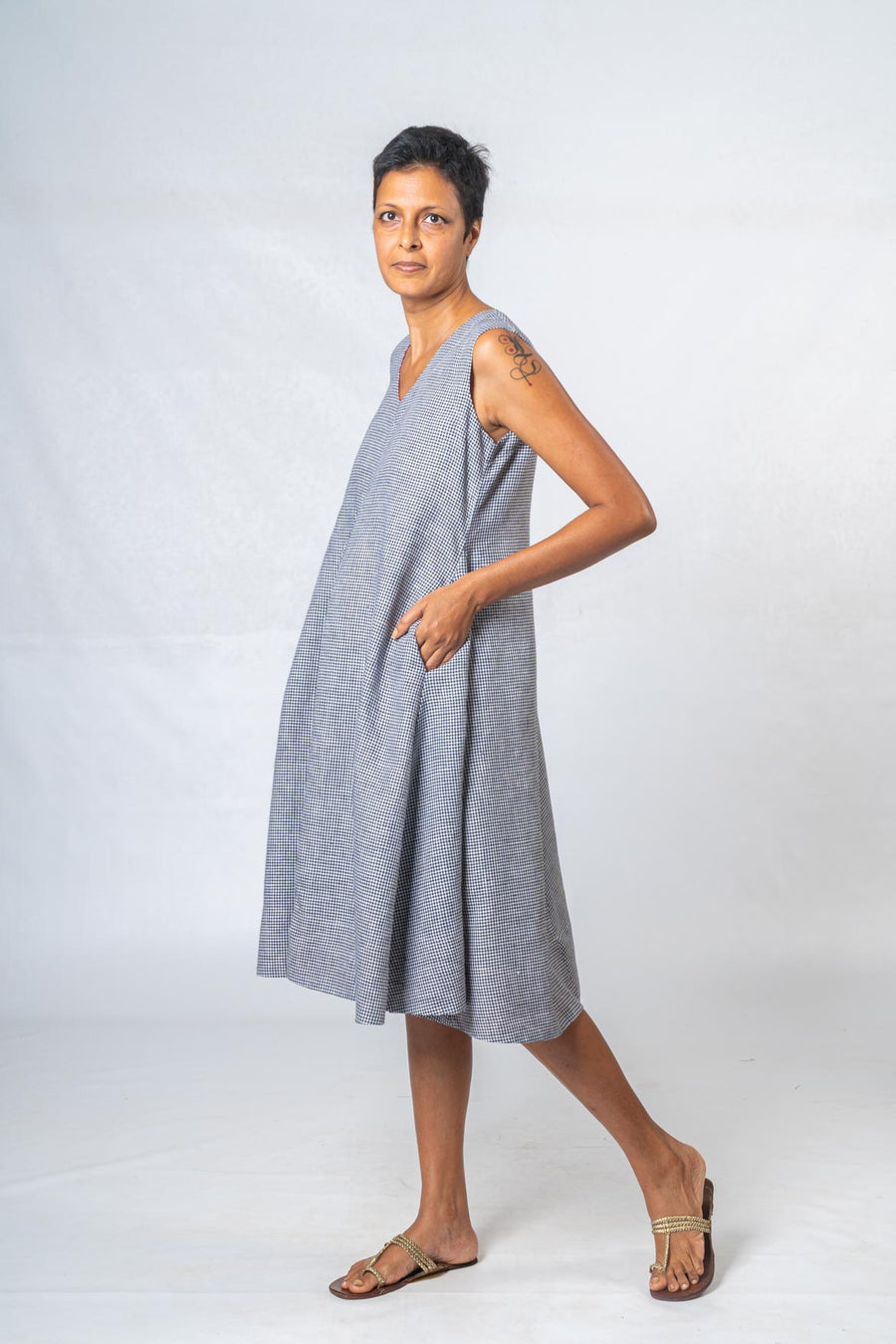 Checked Pattern Linen Dress- NALINI