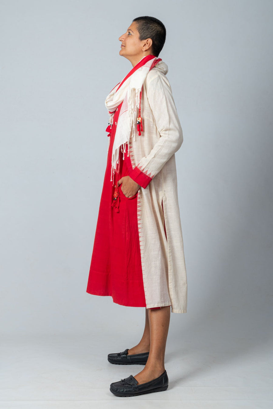 Set of 3: Red Temple Border Jacket, Organic Cotton Dress & Scarf