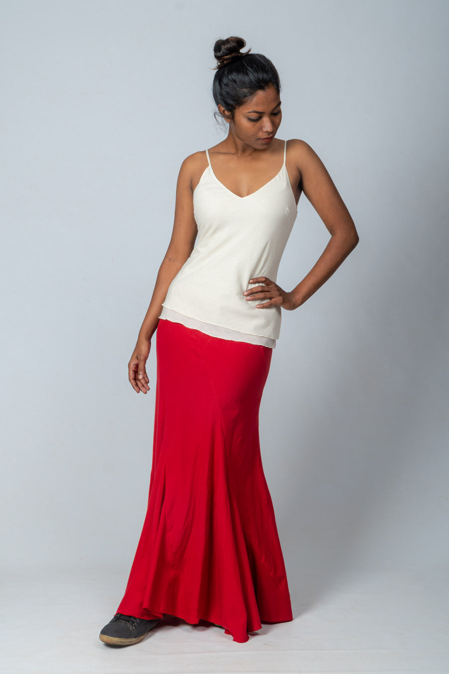 Red Handloom Cotton Long Skirt- KAKOLI LONG