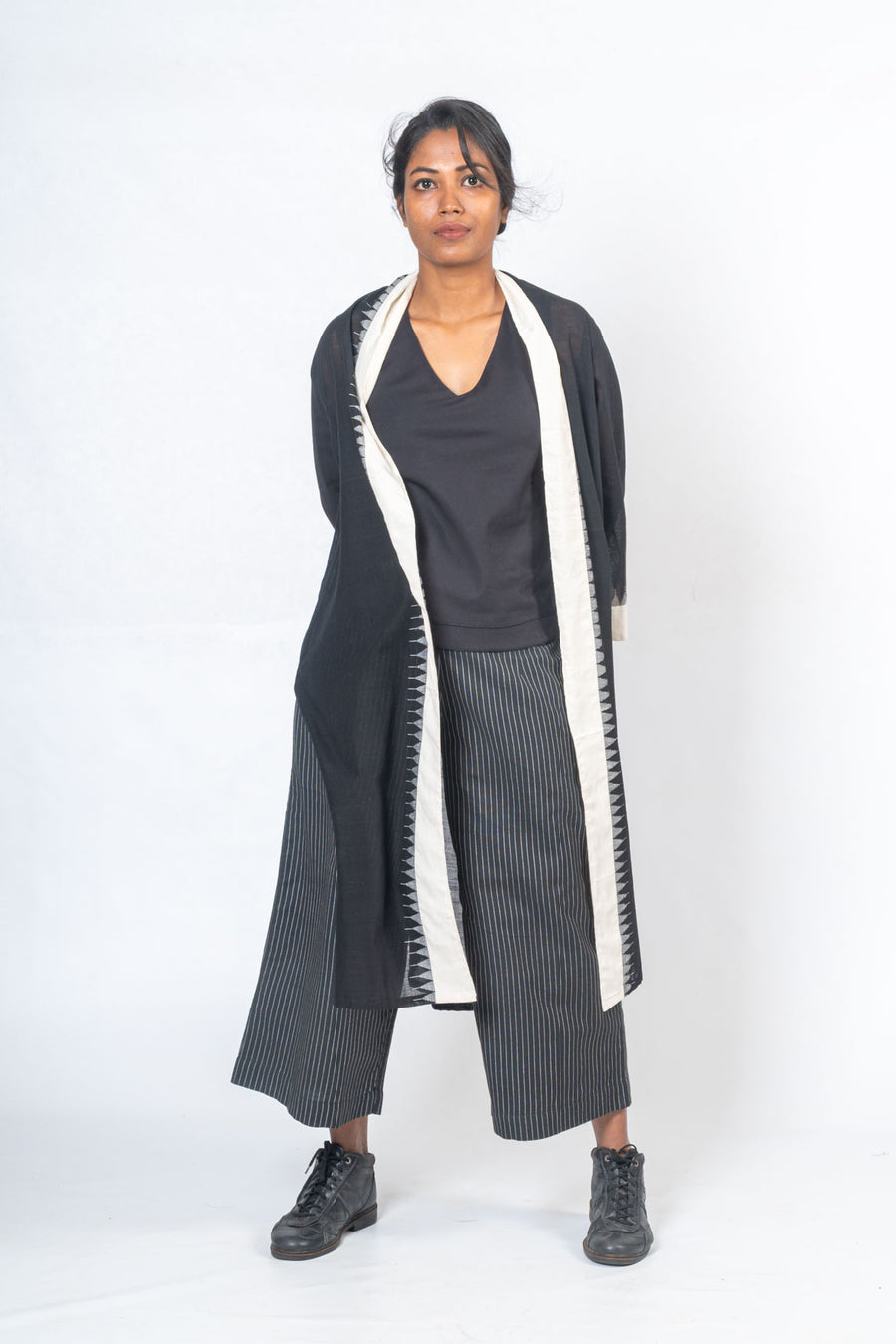 Black Organic Cotton Top, Striped Bottoms & Neelisha Jacket- NEELISHA SET