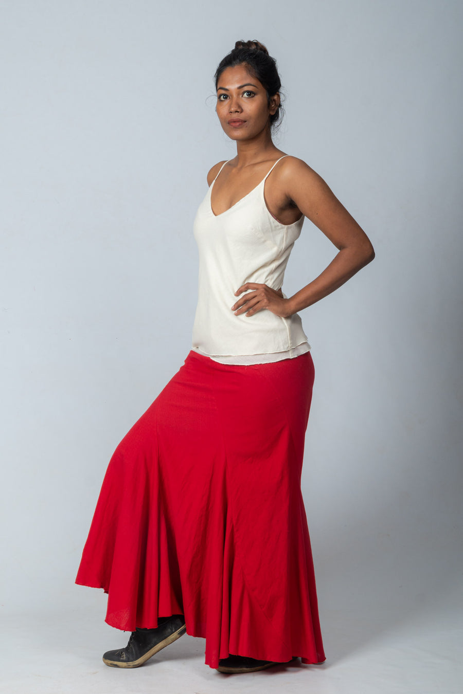 Off White Organic Cotton Top with Red Kakoli Skirt - VOW SET