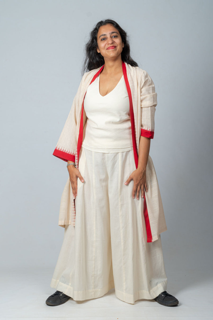 Set of 3- Off White, Red khadi jamdani jacket, Top & Palazzo
