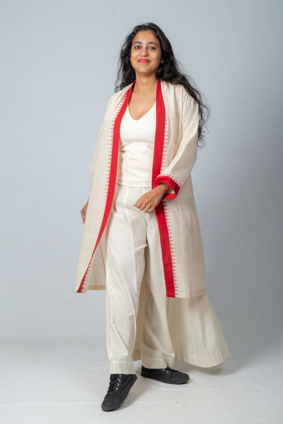 Set of 3- Off White, Red khadi jamdani jacket, Top & Palazzo