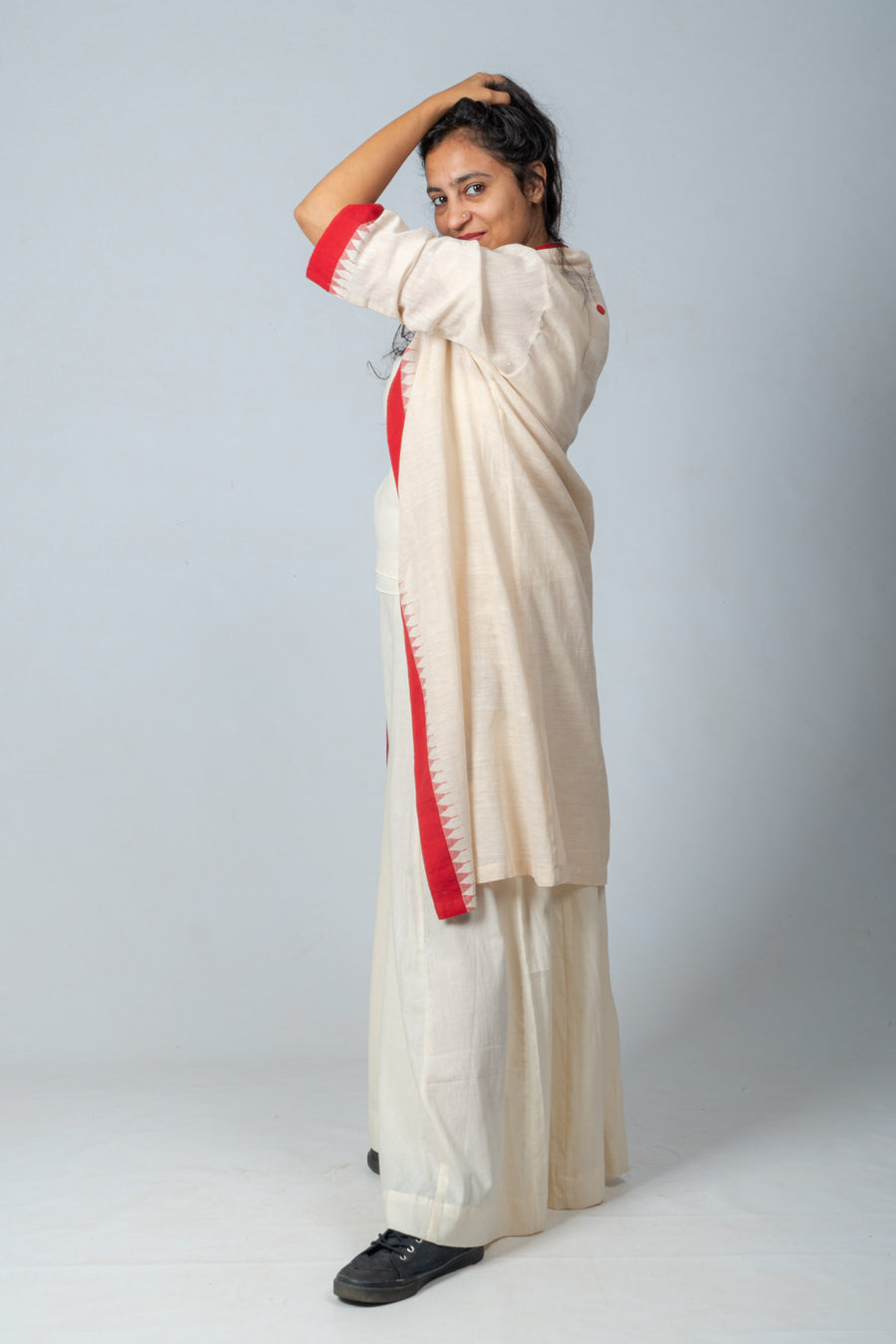 Set of 3- Off White, Red khadi jamdani jacket, Top & Palazzo