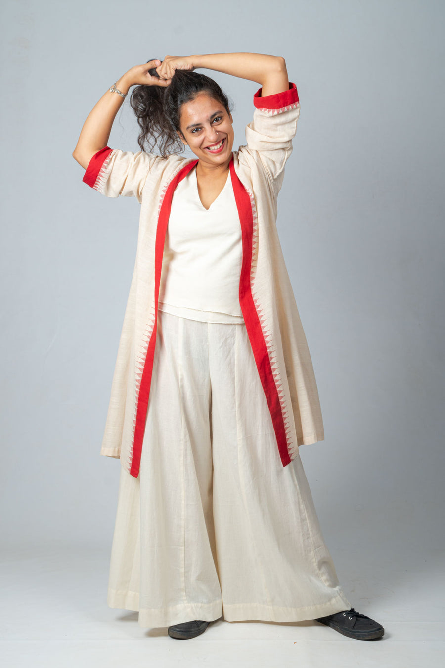 Set of 3- Off White, Red khadi jamdani jacket, Top & Palazzo