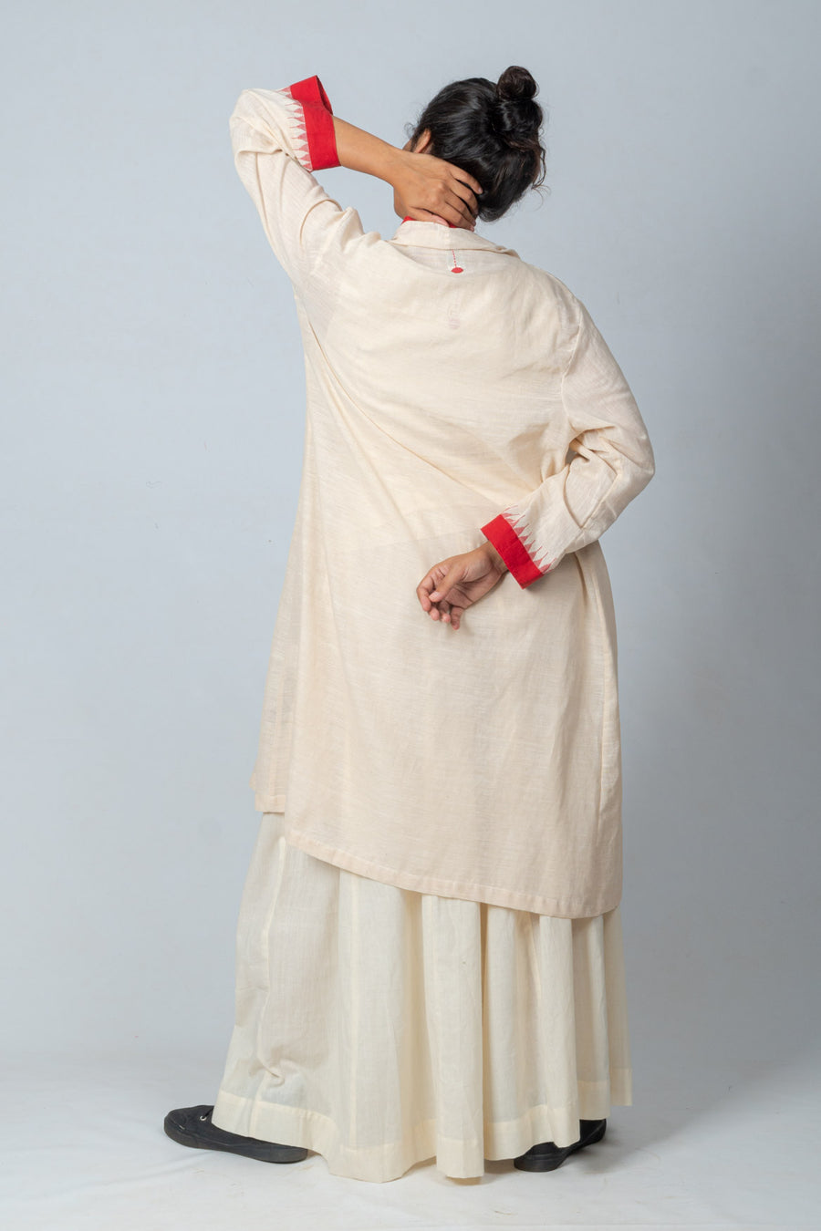 Set of 3- Off White, Red khadi jamdani jacket, Top & Palazzo