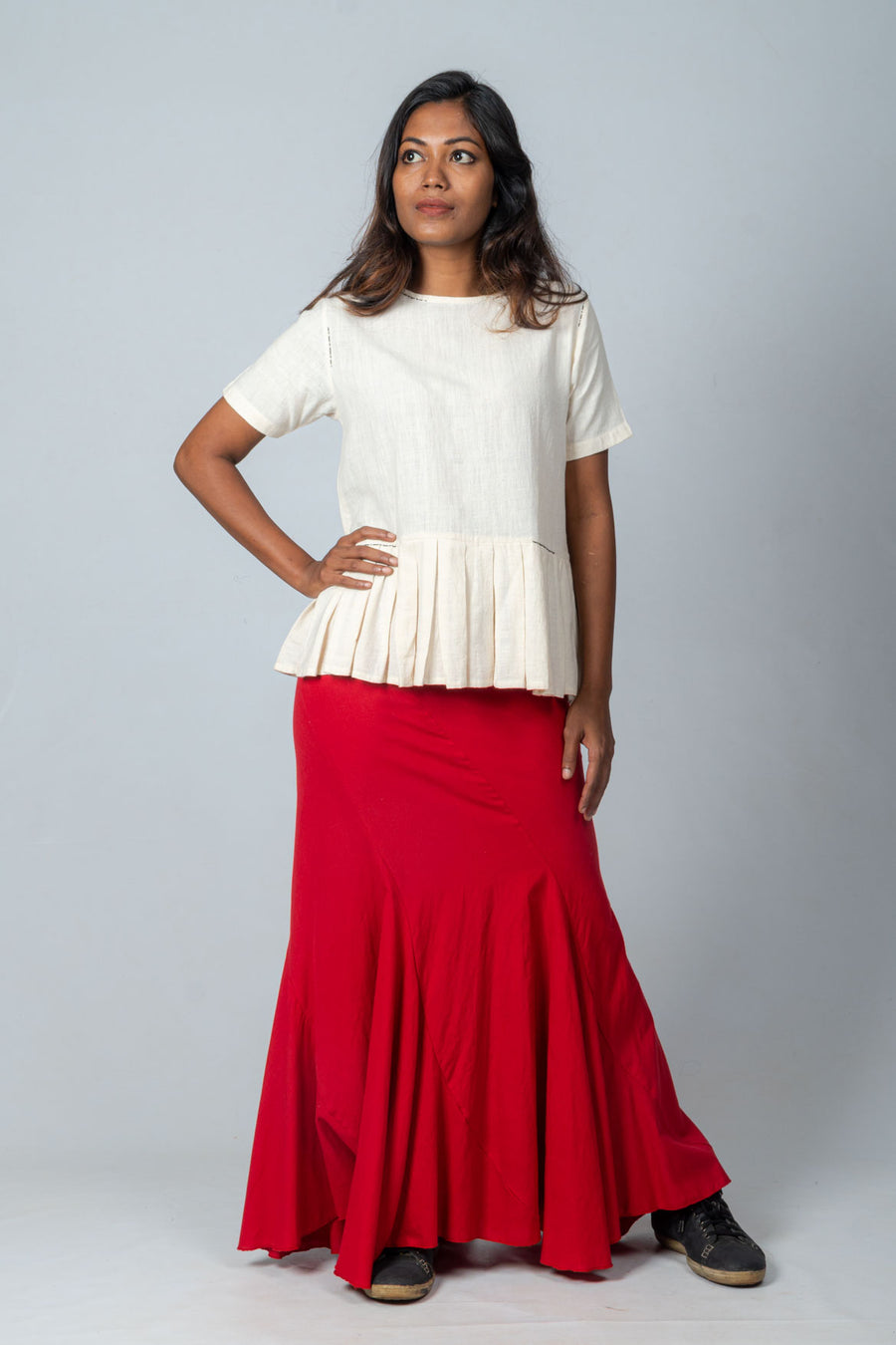 Off White Organic Cotton Top with Red Kakoli Skirt- DAKSHA SET
