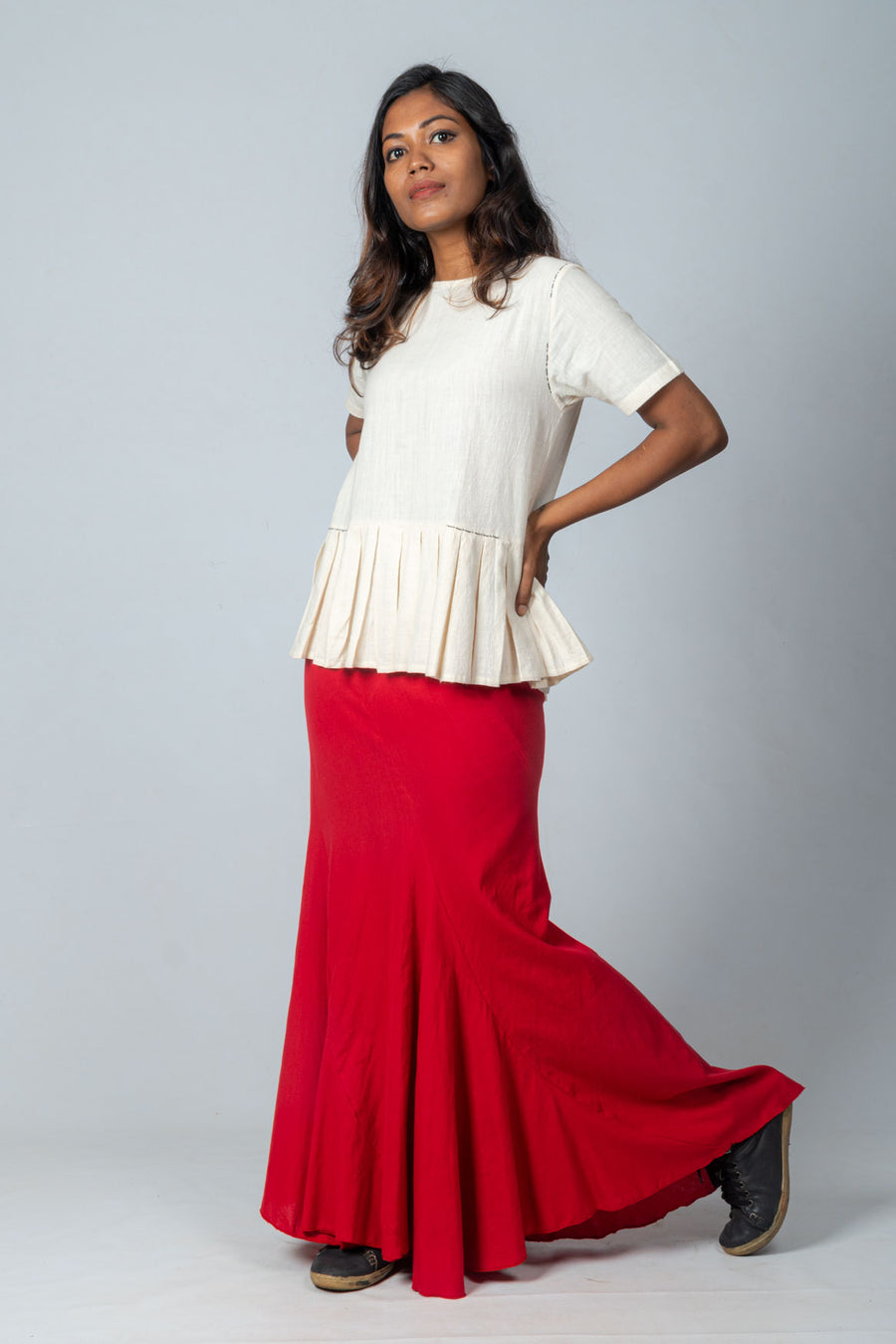 Off White Organic Cotton Top with Red Kakoli Skirt- DAKSHA SET