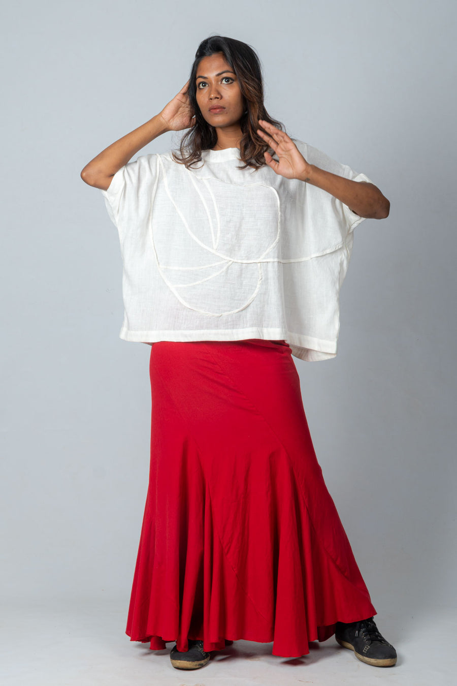 Off White Organic Cotton Top with Red Kakoli Skirt- AIRAA SET