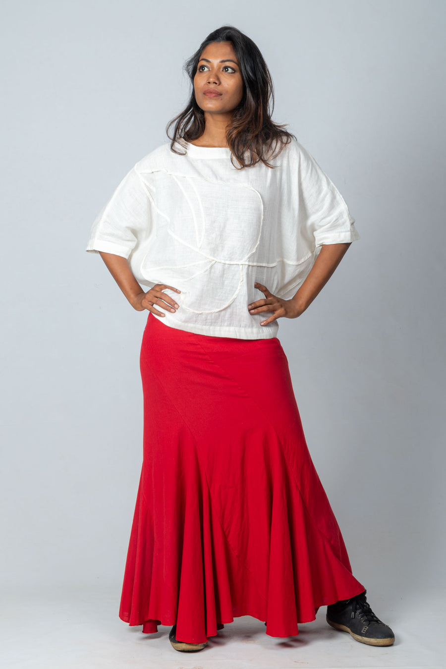 Off White Organic Cotton Top with Red Kakoli Skirt- AIRAA SET