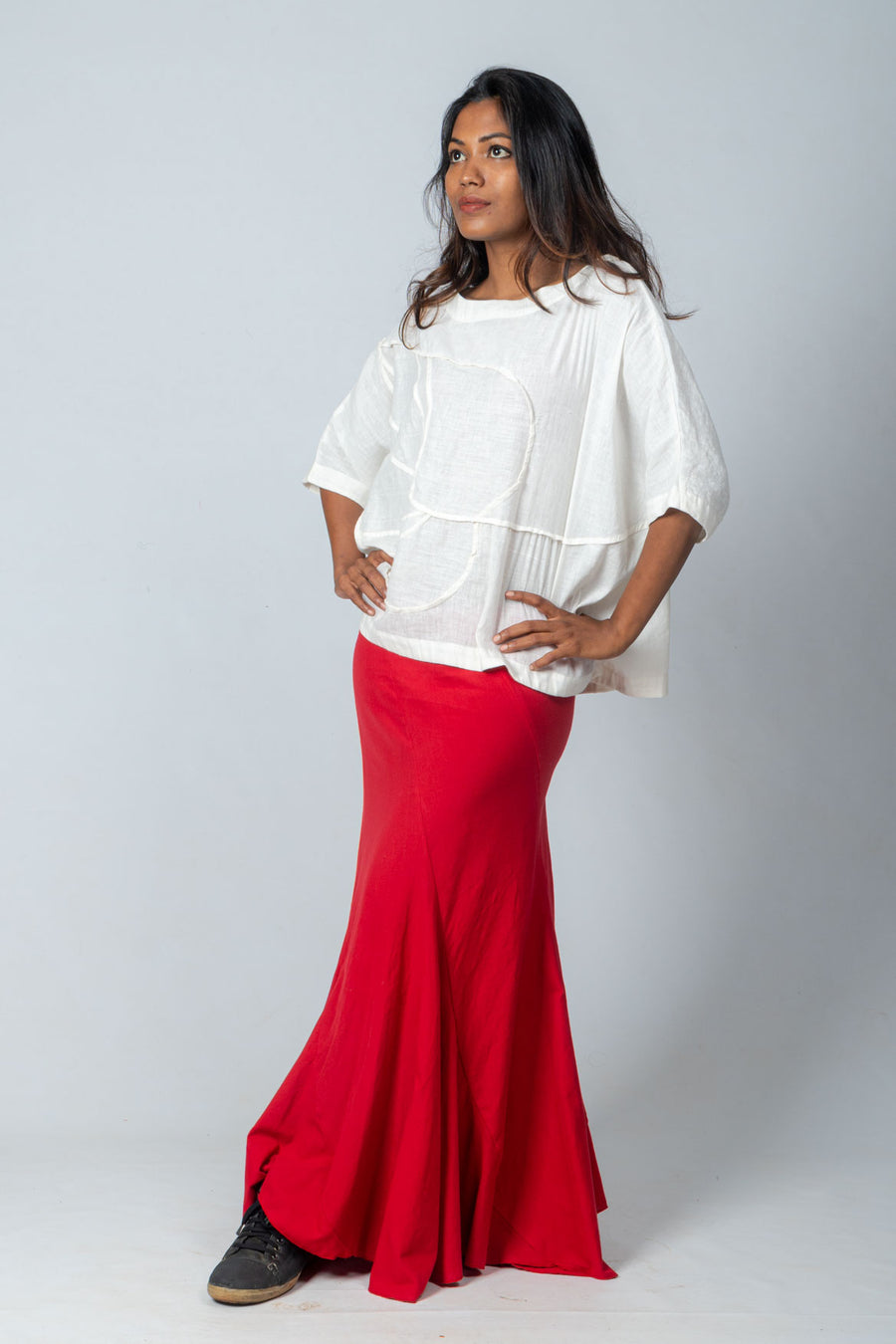 Off White Organic Cotton Top with Red Kakoli Skirt- AIRAA SET