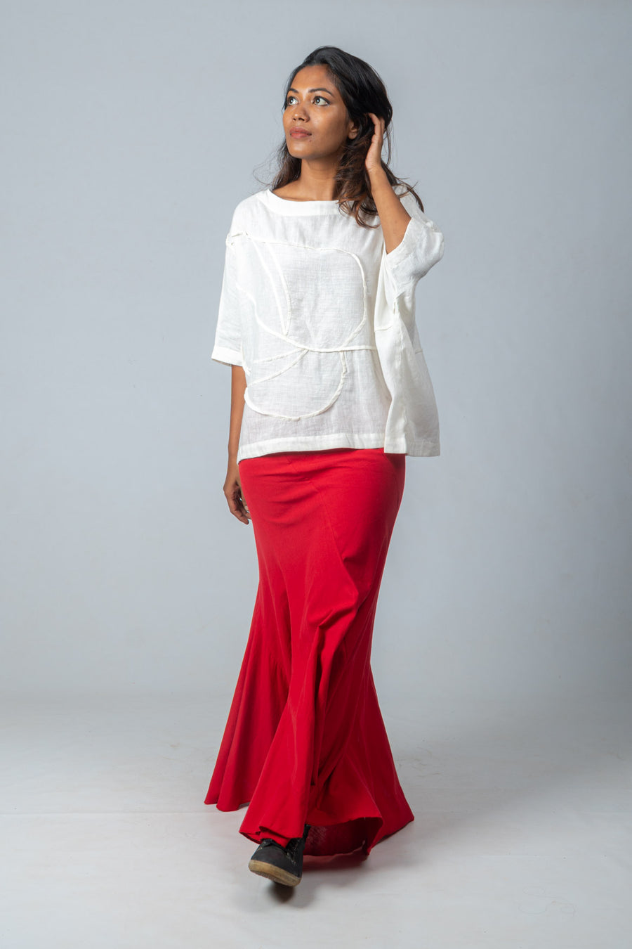 Off White Organic Cotton Top with Red Kakoli Skirt- AIRAA SET