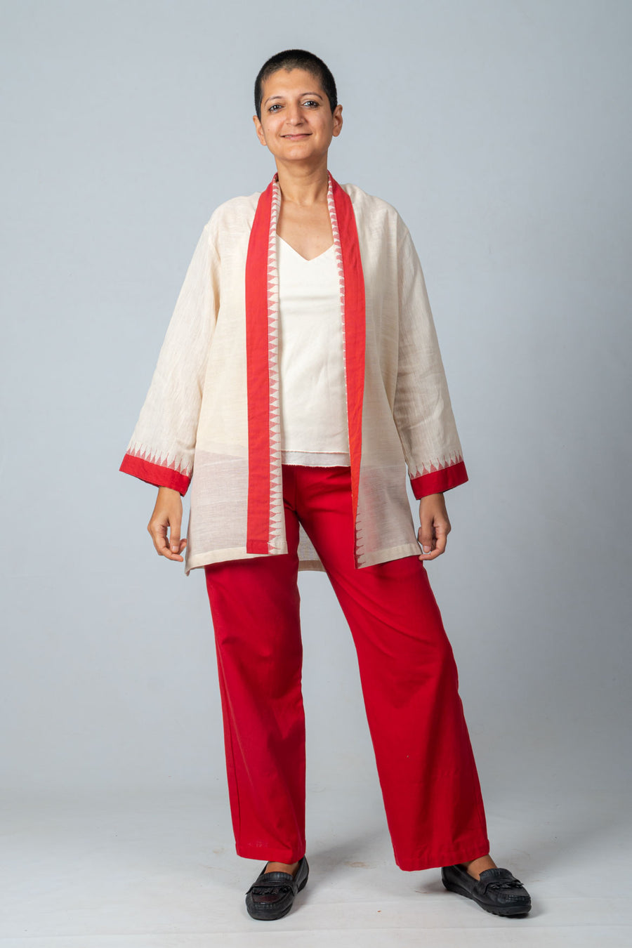 Set of 3- Red Temple Border Jamdani Jacket, Organic cotton Top & Pants