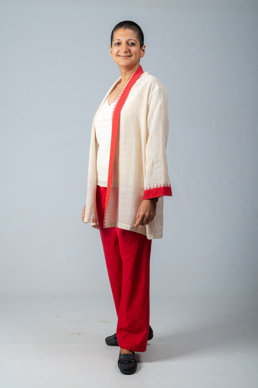 Set of 3- Red Temple Border Jamdani Jacket, Organic cotton Top & Pants
