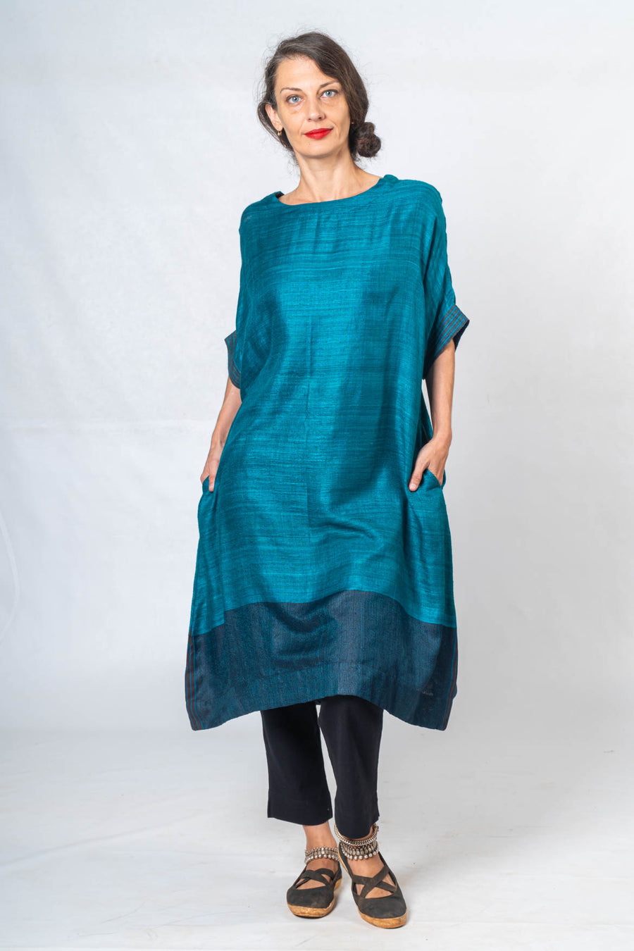 Turquoise Blue Tussar Silk Dress- KARL