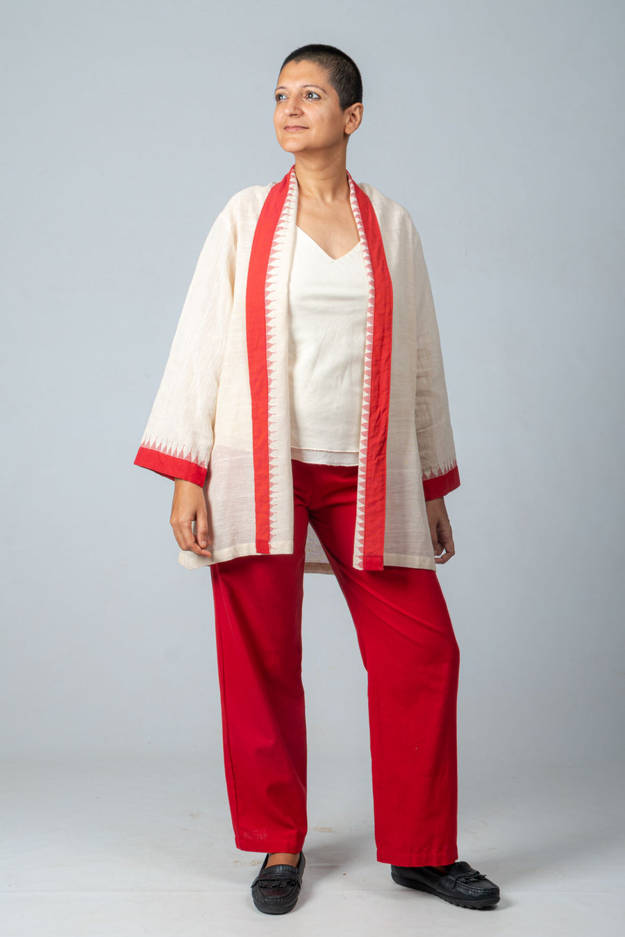 Off White Organic Cotton Top, Red Trousers and temple border jacket - JOWAKI SET